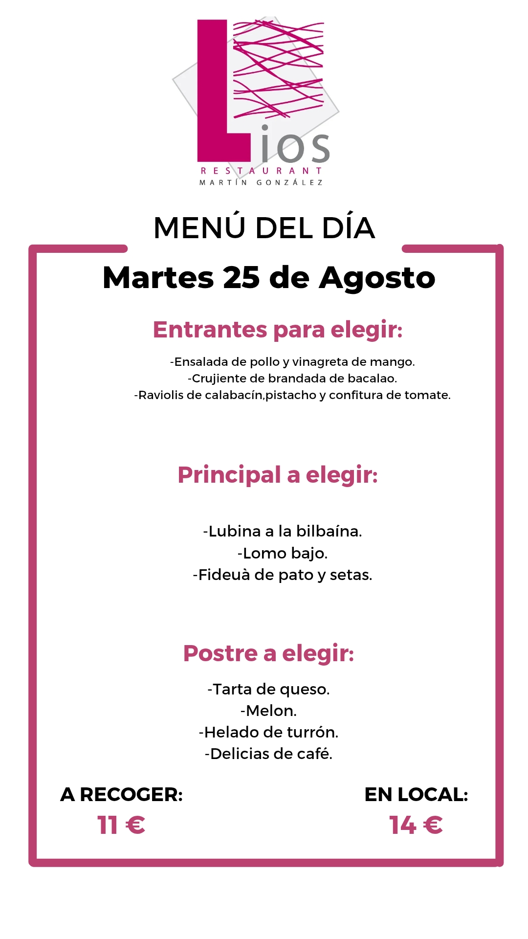 Menú del día de Líos Restaurant